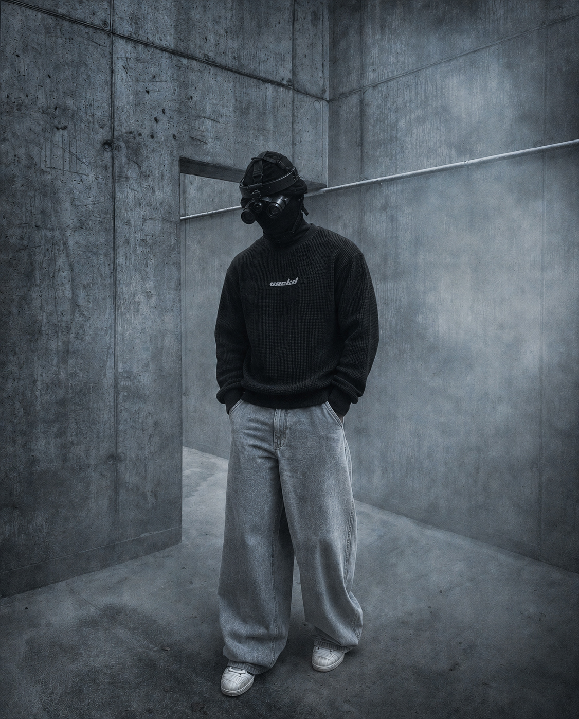 wickd poster - gas mask concrete hallway